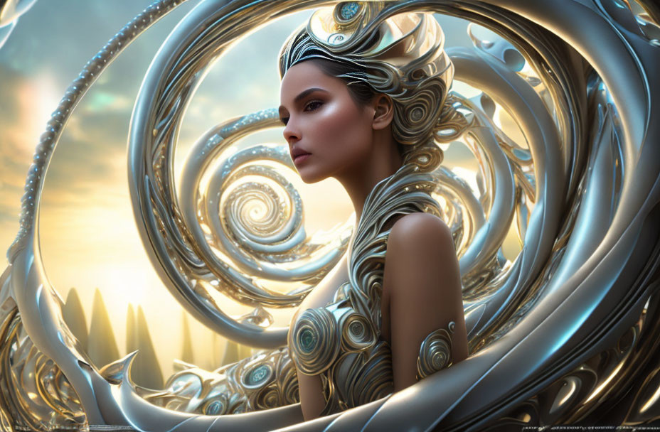 Futuristic woman in metallic armor with spiral designs on warm sky backdrop