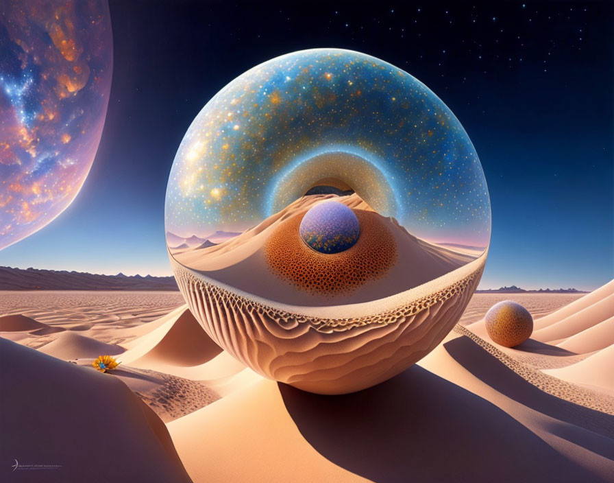 Surreal desert landscape with giant reflective spheres under starry sky