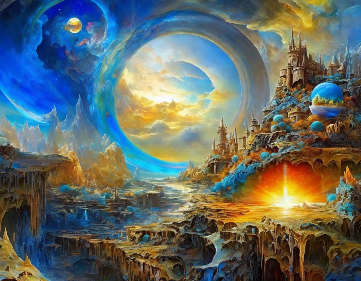 Majestic fantasy landscape with castles, waterfalls, and celestial bodies at sunset