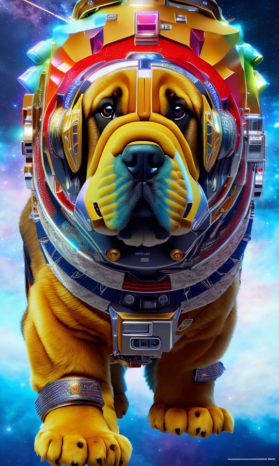 Colorful Astronaut Dog in Space Suit with Serious Expression