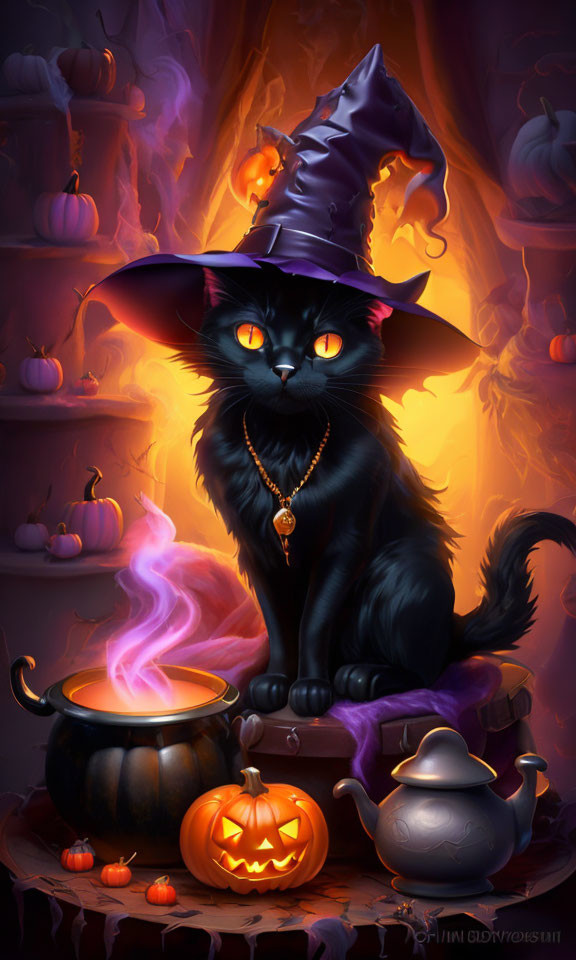 Black Cat in Witch Hat by Cauldron with Pumpkins and Candles