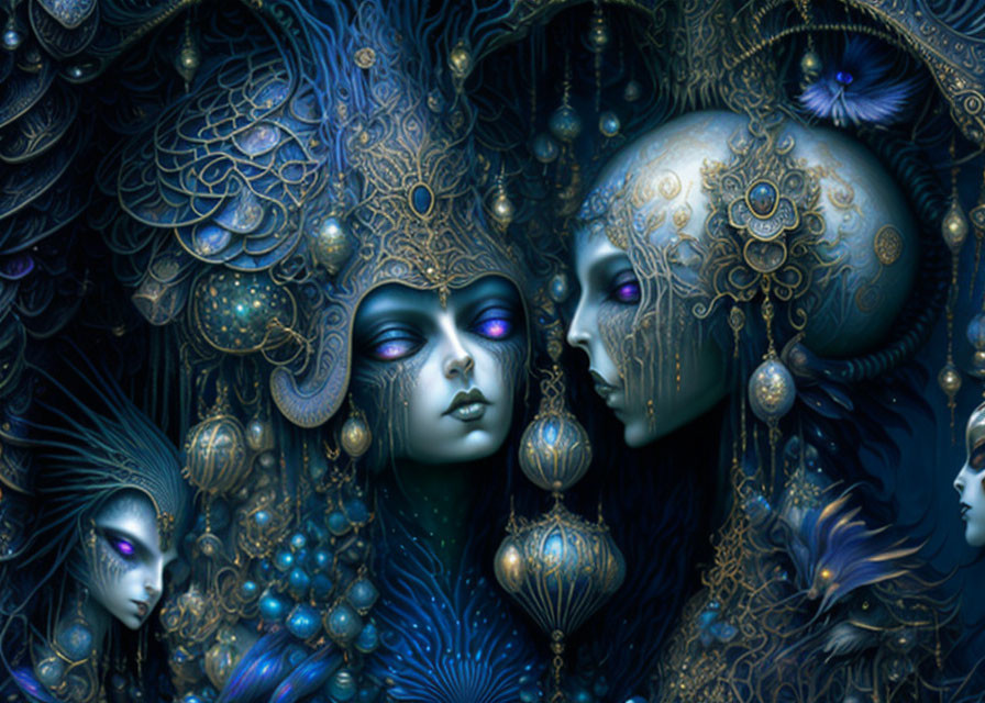 Fantastical beings with ornate headdresses in a dark, intricate backdrop