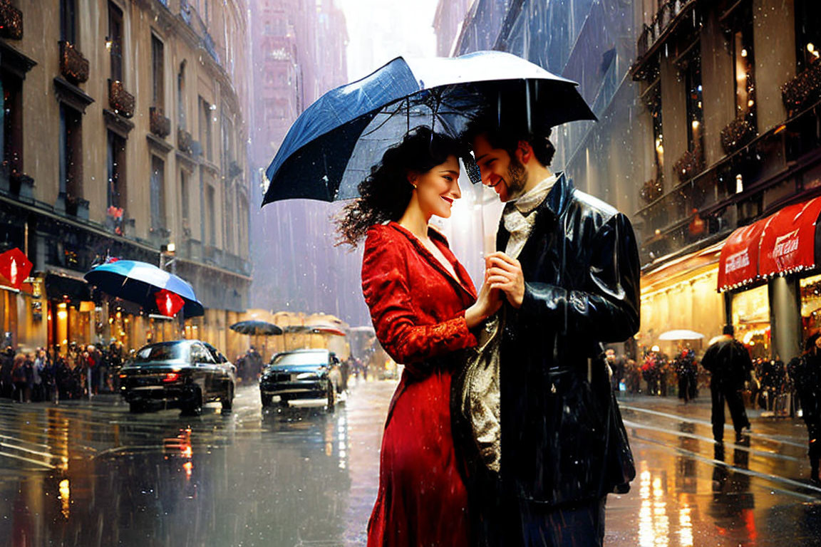 Couple Smiling Under Umbrella in Rainy City Scene