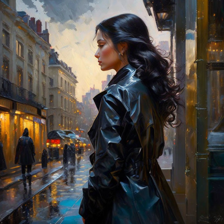 Woman in shiny black coat observing rainy street with illuminated shops