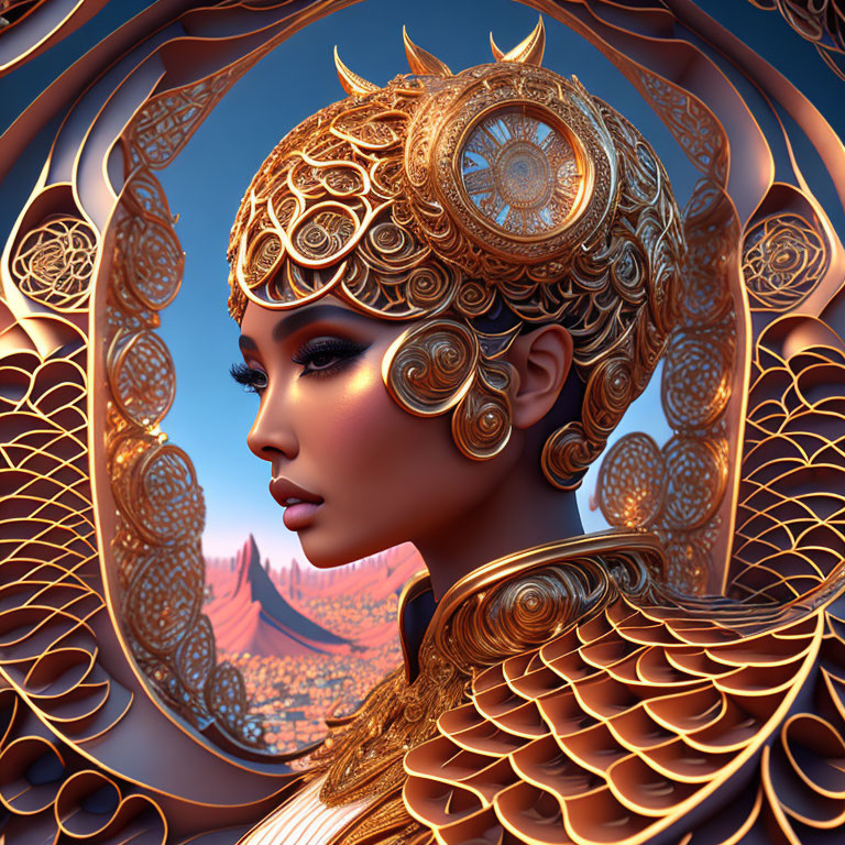 Digital artwork: Woman in ornate gold headgear and armor against surreal backdrop