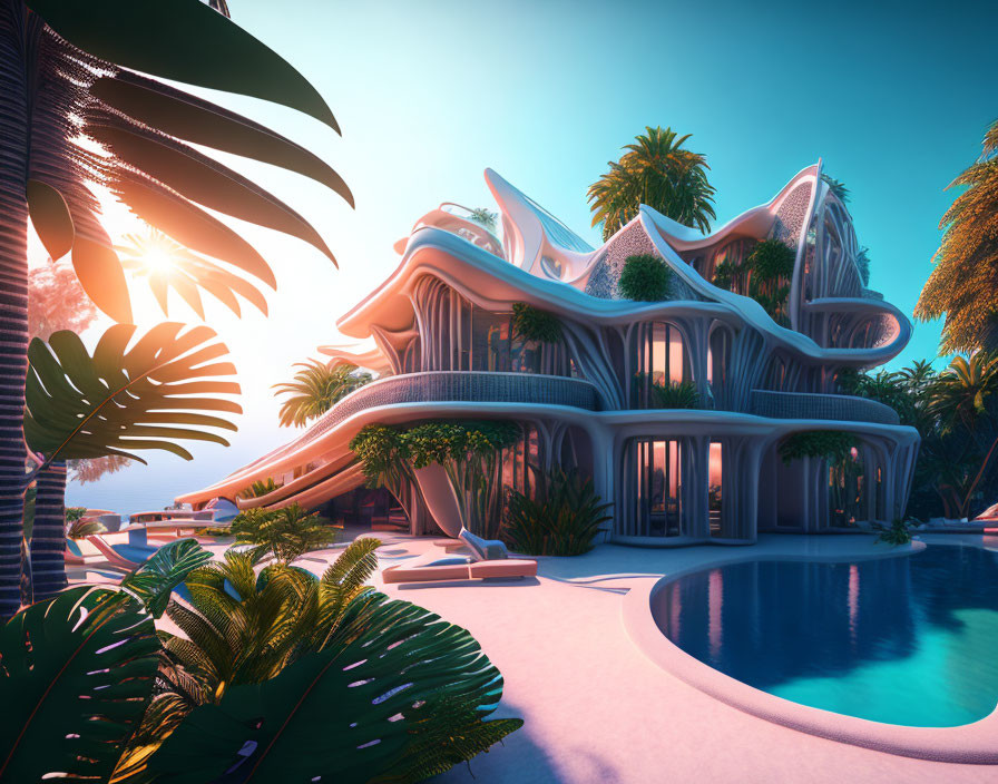 Modern house with fluid design, palm trees, pool, sunset sky