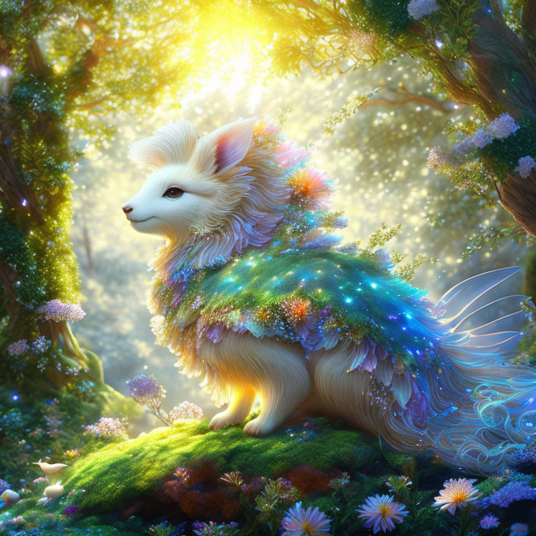 Winged fox-like creature in sunlit forest with flowers