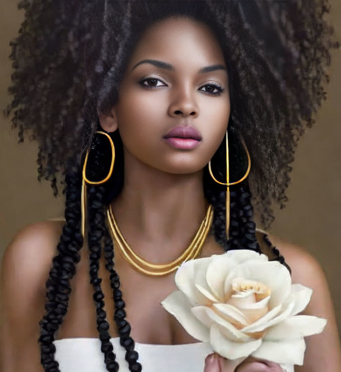 Curly-haired woman with gold jewelry holding a white rose