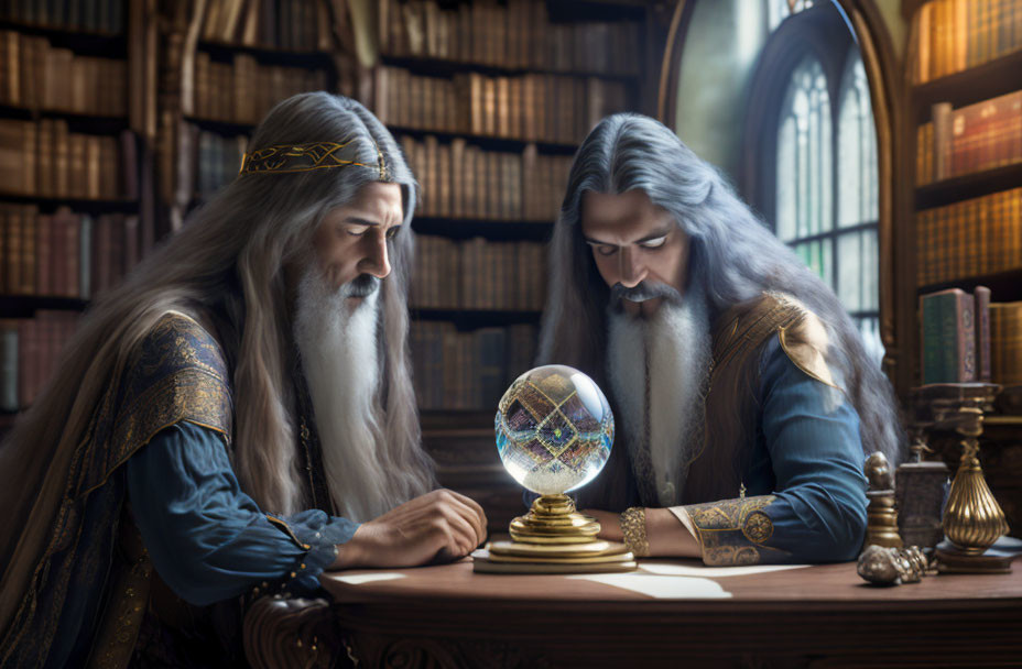 Two wizards examining magical orb in ancient library with Gothic window.