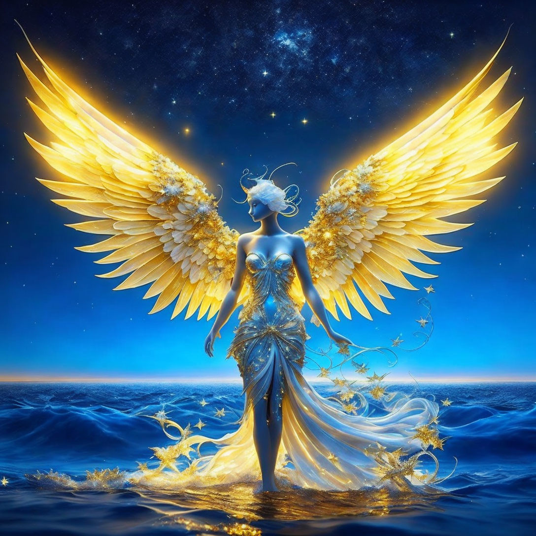 Angel digital artwork: golden-winged figure in ocean with stars