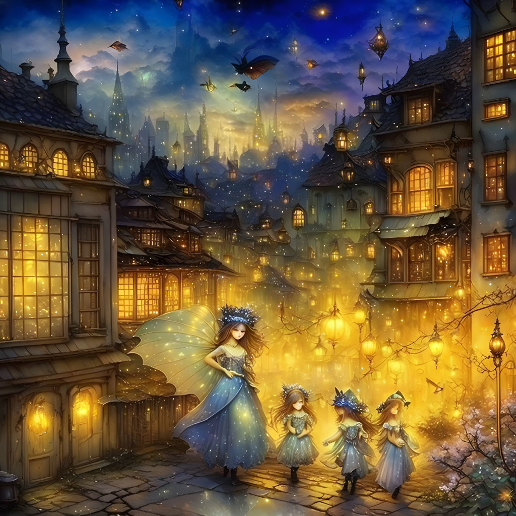 Fantasy illustration of fairy woman guiding children in magical street