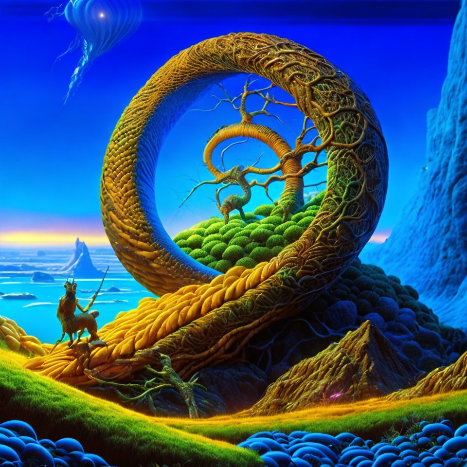 Colorful fantasy landscape with warrior, creature, colossal tree, intricate branches, blue sky, and glowing