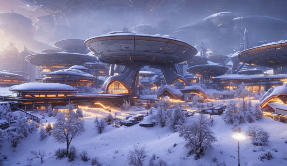 Snow-covered futuristic cityscape with circular architecture and skyscrapers.