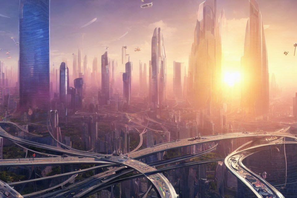 Futuristic cityscape with skyscrapers, highways, and flying vehicles at sunrise