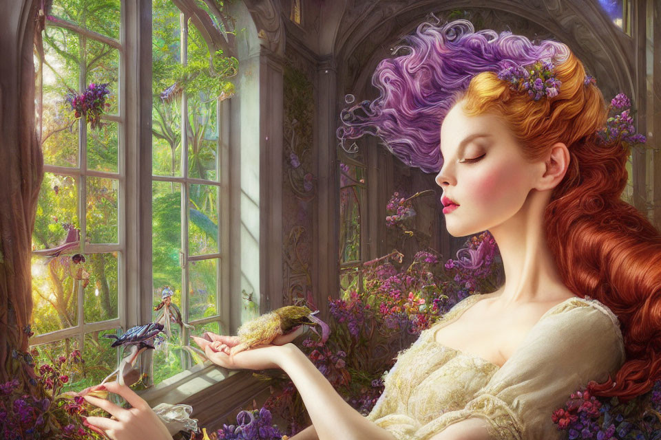 Red-haired woman with purple floral wreath gazes at bird by open window with fairy