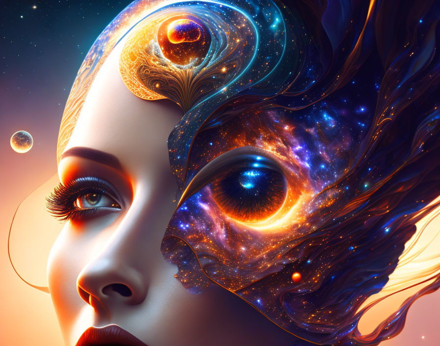 Digital Artwork: Woman's Face Blended with Cosmic Elements