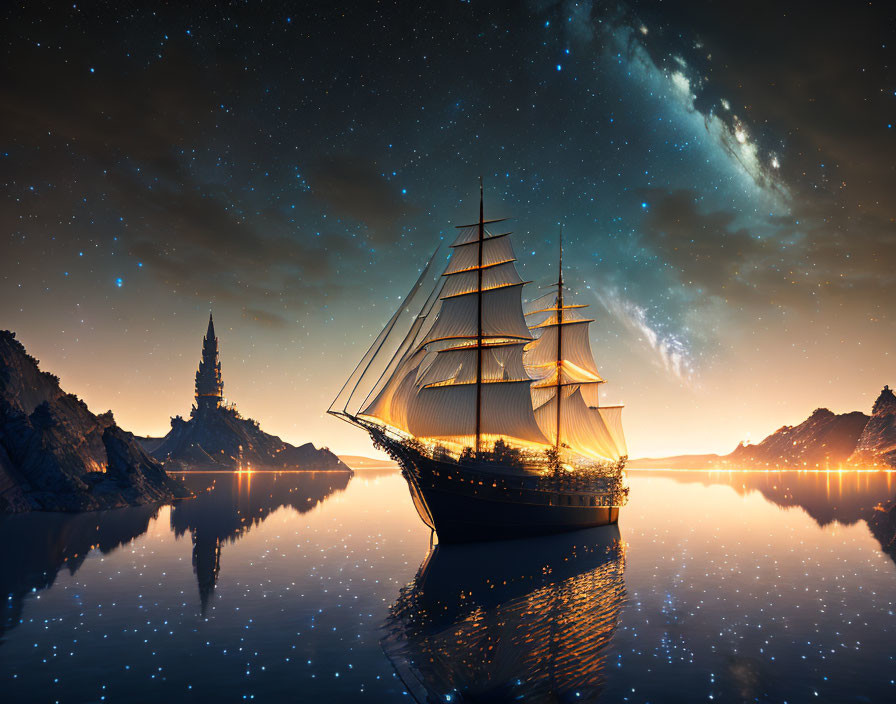 Night scene: sailing ship under starry sky, calm waters, castle on cliff.