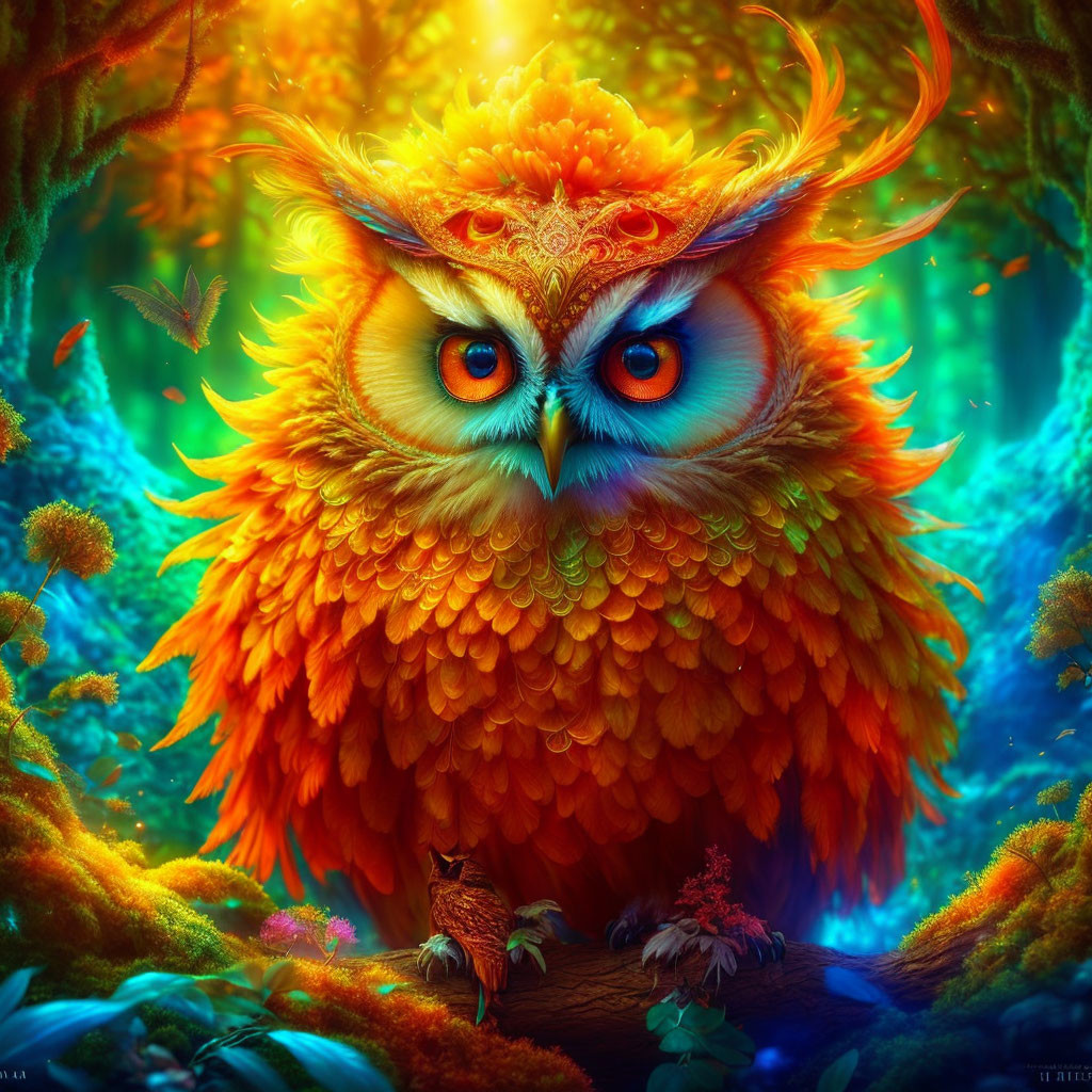 Colorful Digital Artwork: Mystical Orange Owl in Enchanted Forest