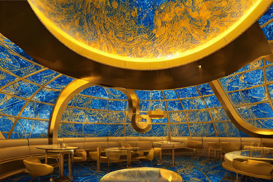 Luxurious Blue and Gold Interior with Glass Walls and Ornate Ceiling
