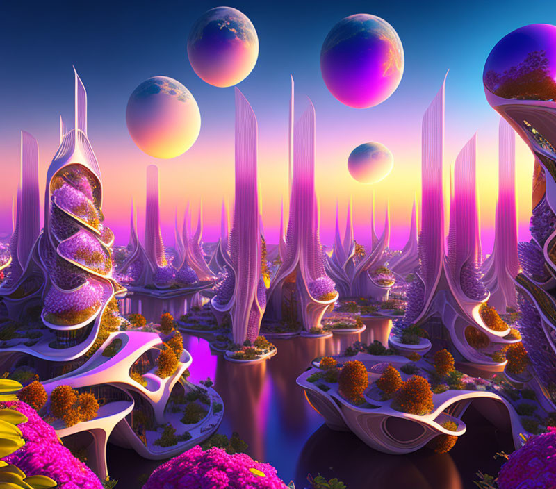 Futuristic cityscape with organic-shaped buildings and floating spheres