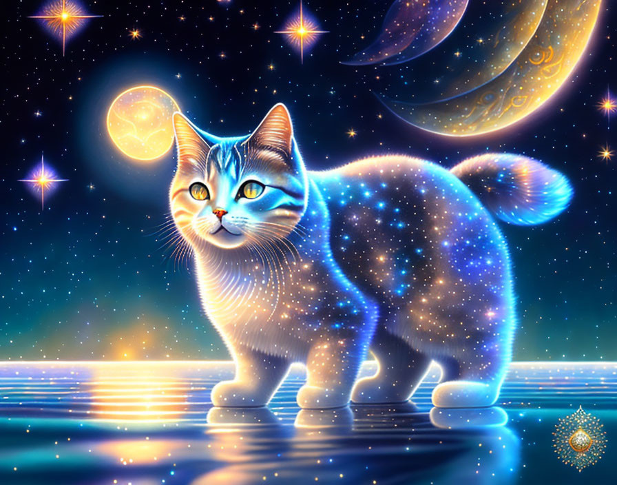 Cosmic-themed cat illustration with starry body and night sky reflection