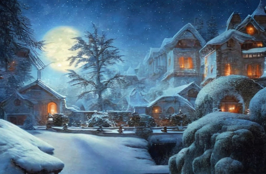 Snow-covered cottages under full moon and falling snowflakes