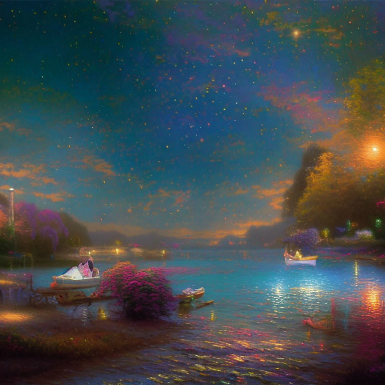 Tranquil night scene: river, boats, flowers, starry sky