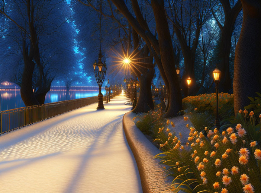 Nighttime Park Scene with Lit Pathway, Trees, Street Lamps, Flowers, and River