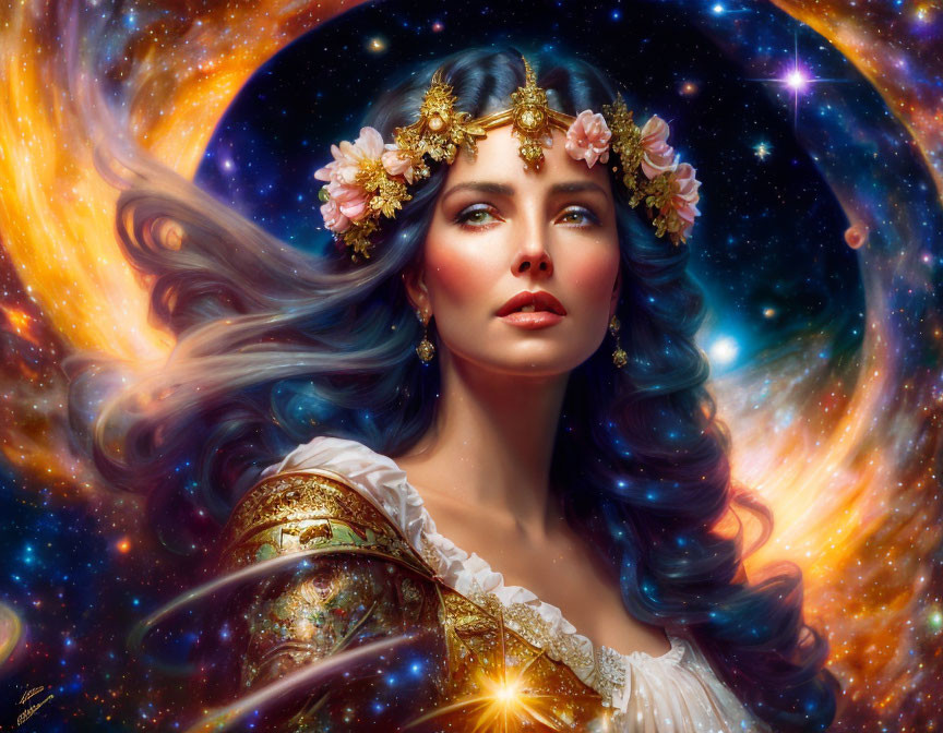 Vibrant blue-haired woman with floral headpiece in cosmic setting