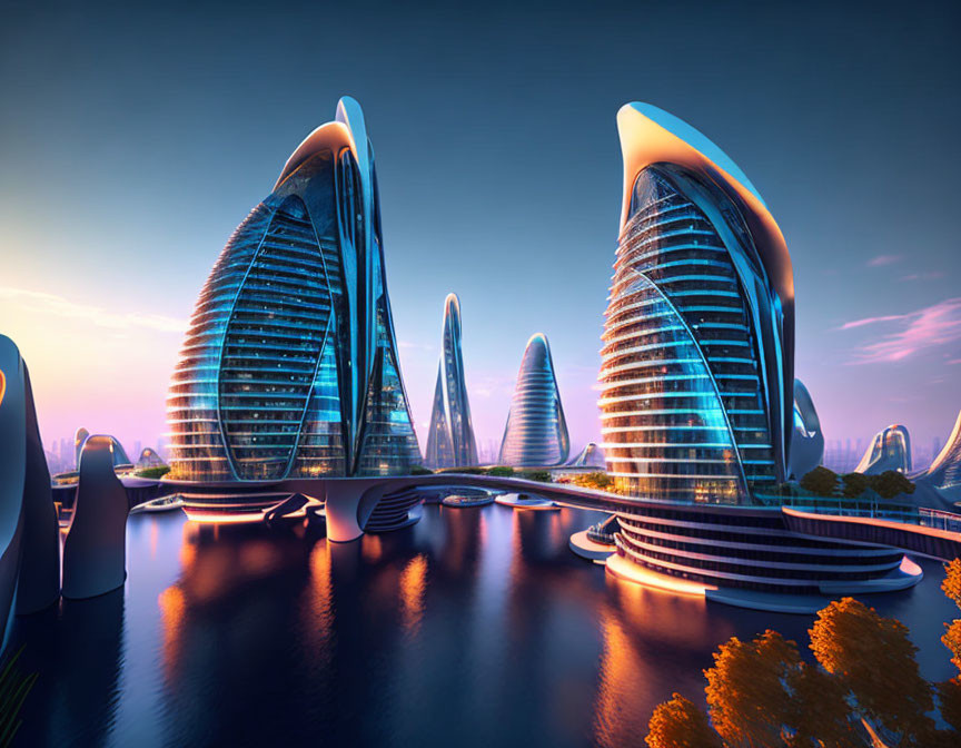 Futuristic twilight cityscape with curved skyscrapers and bridges over water