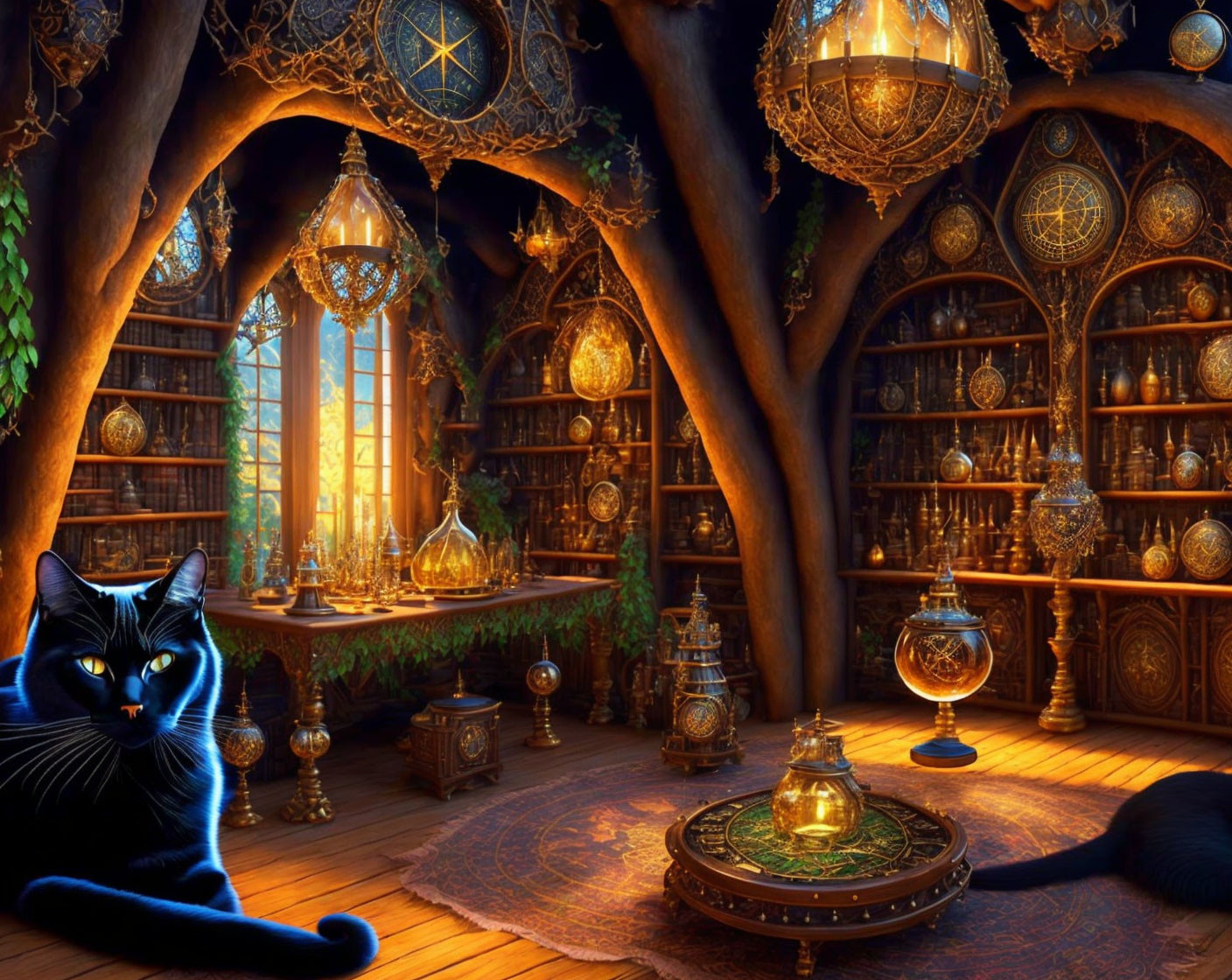 Enchanting room with blue cat, lanterns, celestial spheres, ancient books, and tree-root