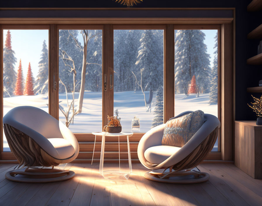 Modern chairs in cozy interior with snowy landscape view