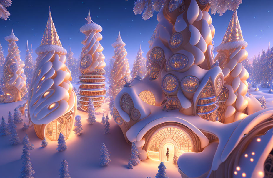 Whimsical winter scene with candy-like trees and glowing entrance in snow