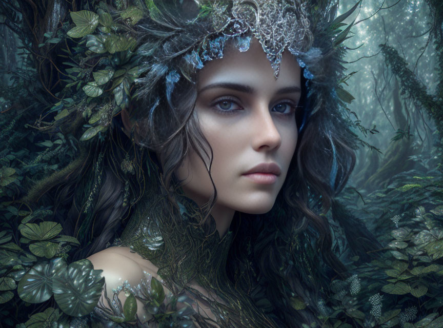 Mystical woman with leafy headdress and ornate crown in enchanted forest