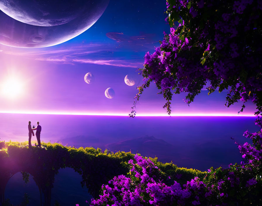 Couple admires surreal purple twilight sky with multiple moons and planets