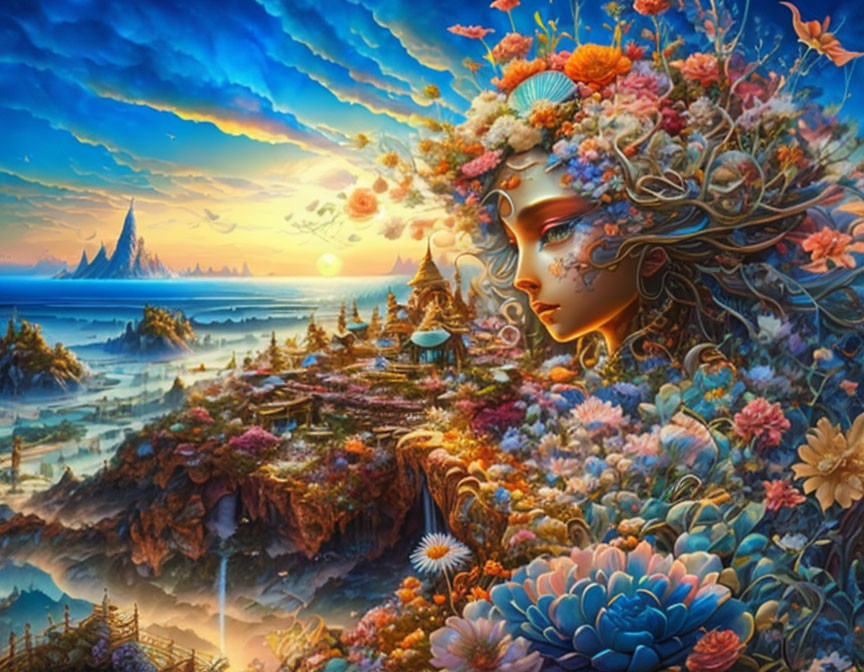 Colorful fantasy landscape with floral woman's face blending into mountains, forests, and sunset sky