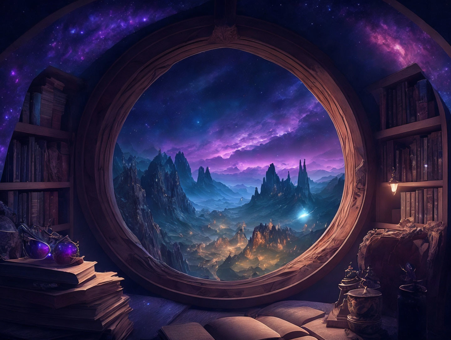 Circular window frames fantastical landscape with mountains and magical artifacts.