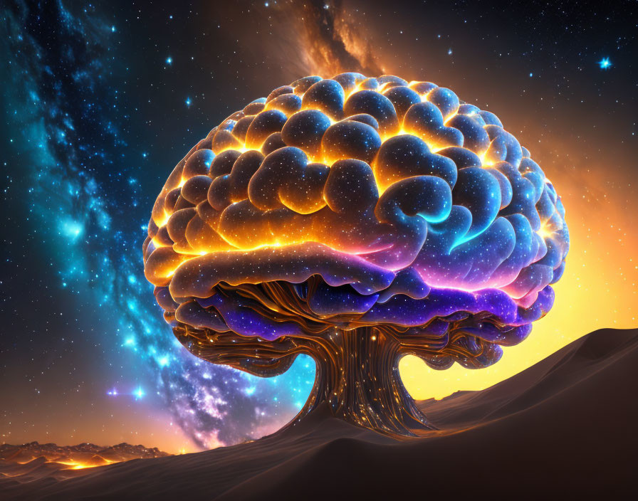 Colorful Brain-Shaped Tree in Cosmic Desert Twilight