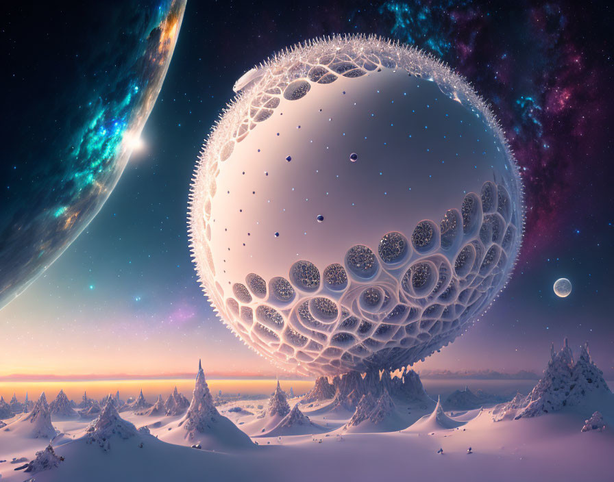 Snow-covered trees, fractal sphere, and planet in surreal landscape