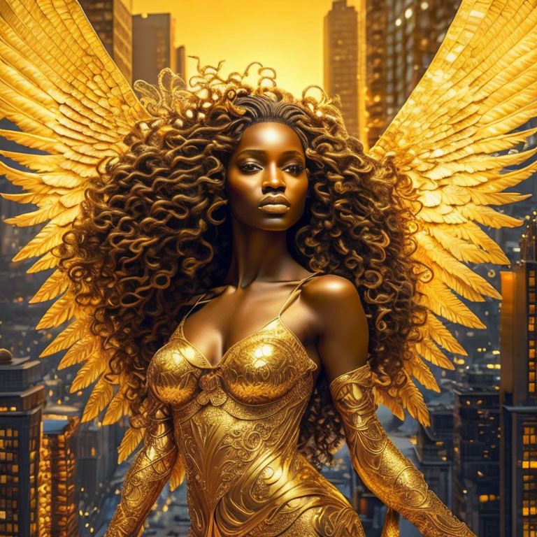 Digital artwork: Woman with gold wings & armor in golden cityscape at sunset