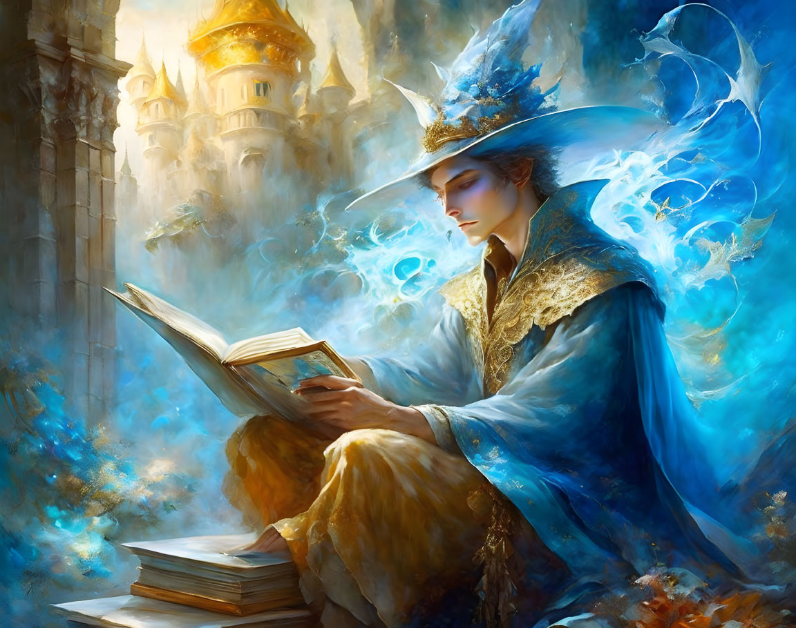 Ethereal figure in blue robes reading a tome with castle backdrop