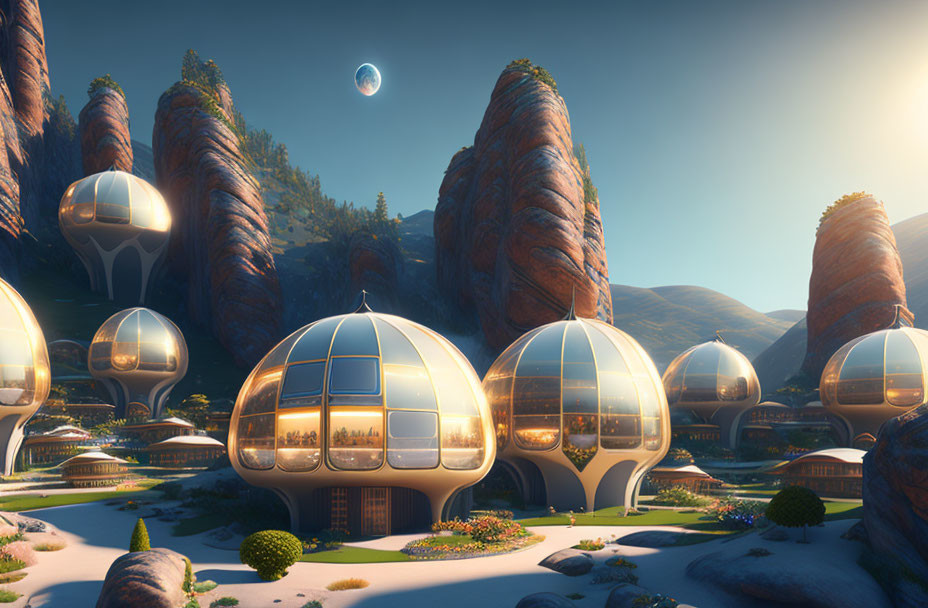 Futuristic domed habitats in valley with rock formations and distant planet.