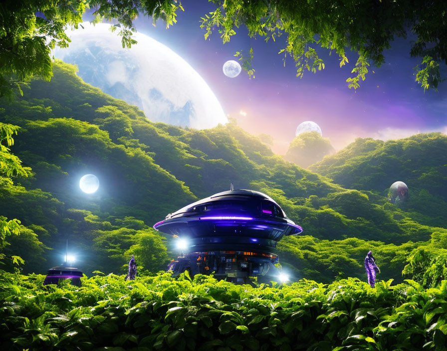 Futuristic spaceship in vibrant alien forest with oversized moons and glowing plants