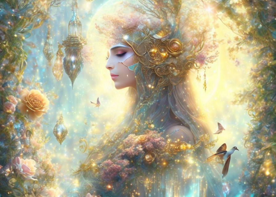 Elaborate golden headgear on serene fantasy figure in luminous forest