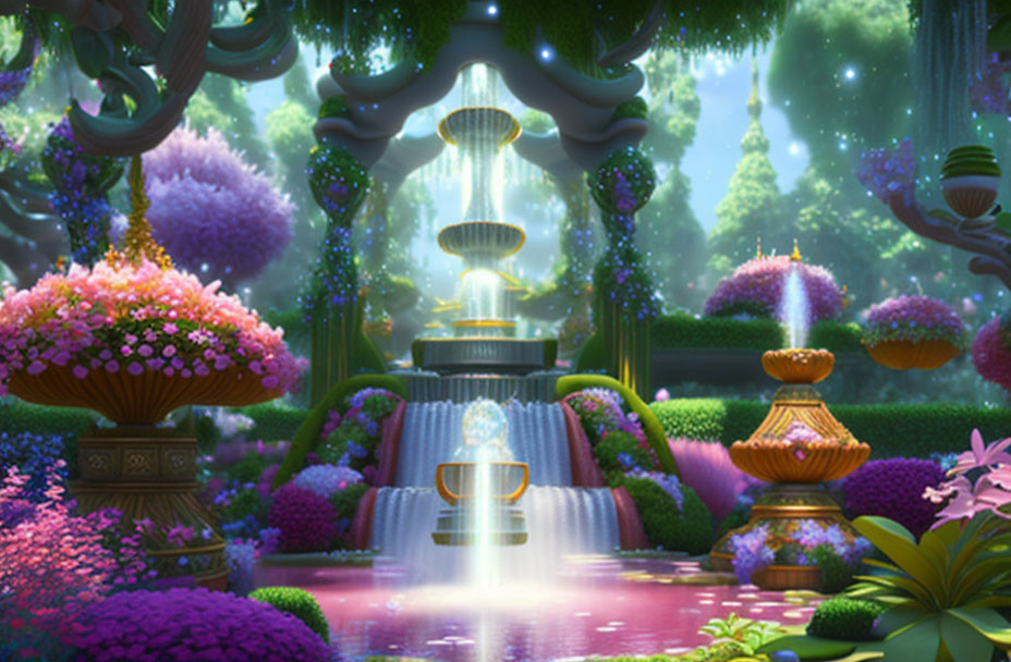 Fantasy garden with cascading fountain and luminous flowers