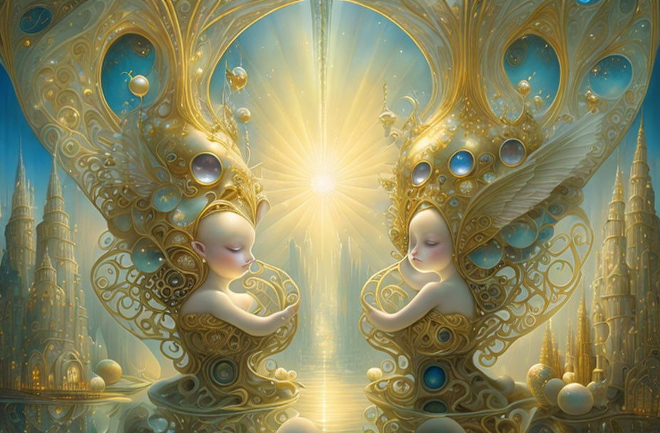 Fantastical image of angelic figures with ornate wings in luminous cityscape