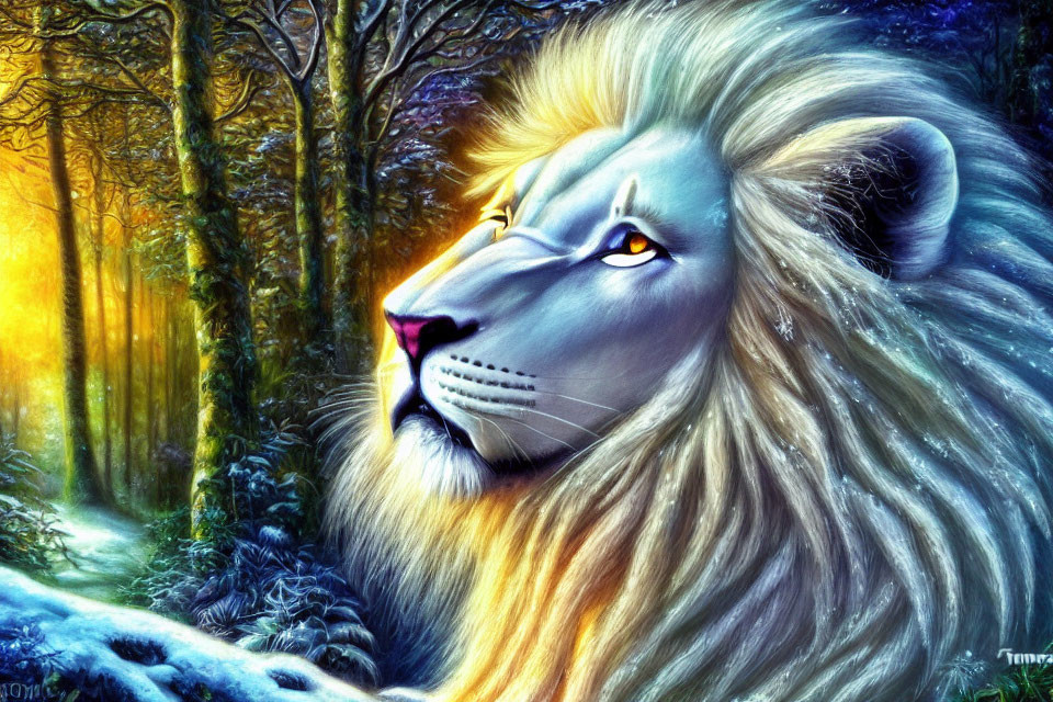 Majestic lion with glowing mane in snowy forest scene