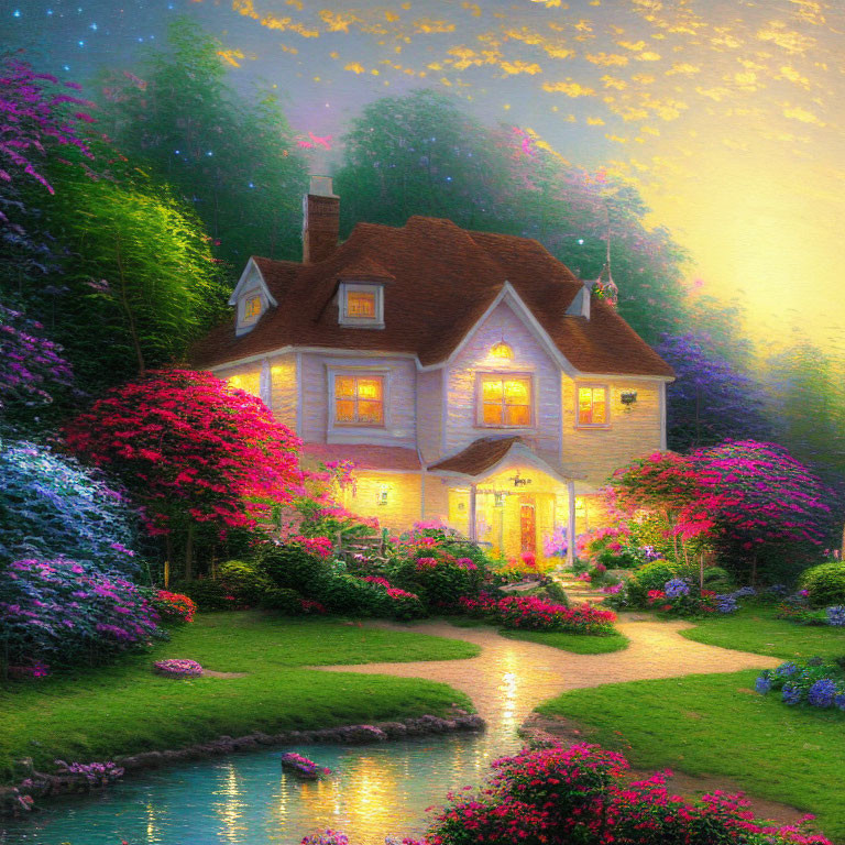 Cozy cottage surrounded by lush gardens and vibrant flowers at dusk