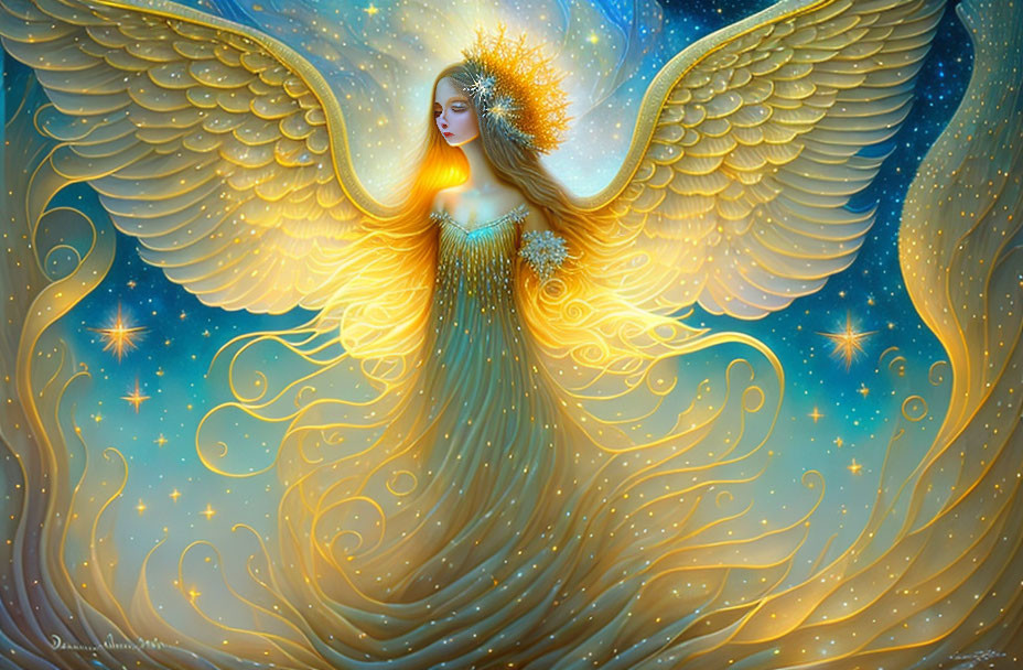 Celestial angel with large wings in golden gown among stars