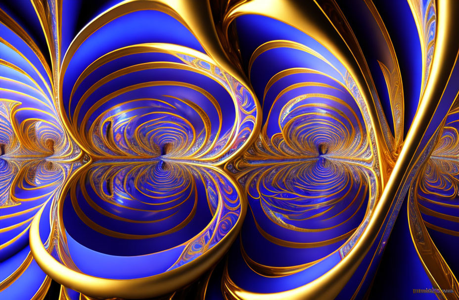 Symmetrical golden swirls on deep blue background - hypnotic fractal art